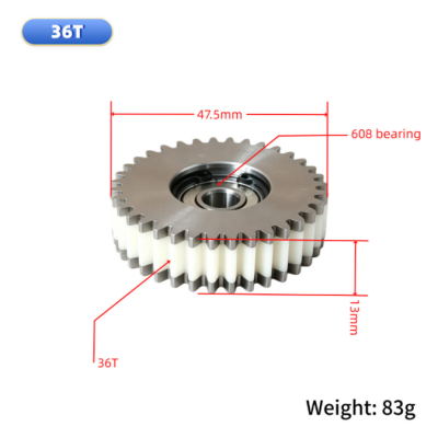 36 teeth nylon gear for electric bike hub motor. size: od47.5mm, thickness13mm, fits 608 bearing with circlip. replacement spare parts for ebike hub motor repair